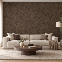 Papier peint effet parquet chevrons bois marron foncé dans un salon