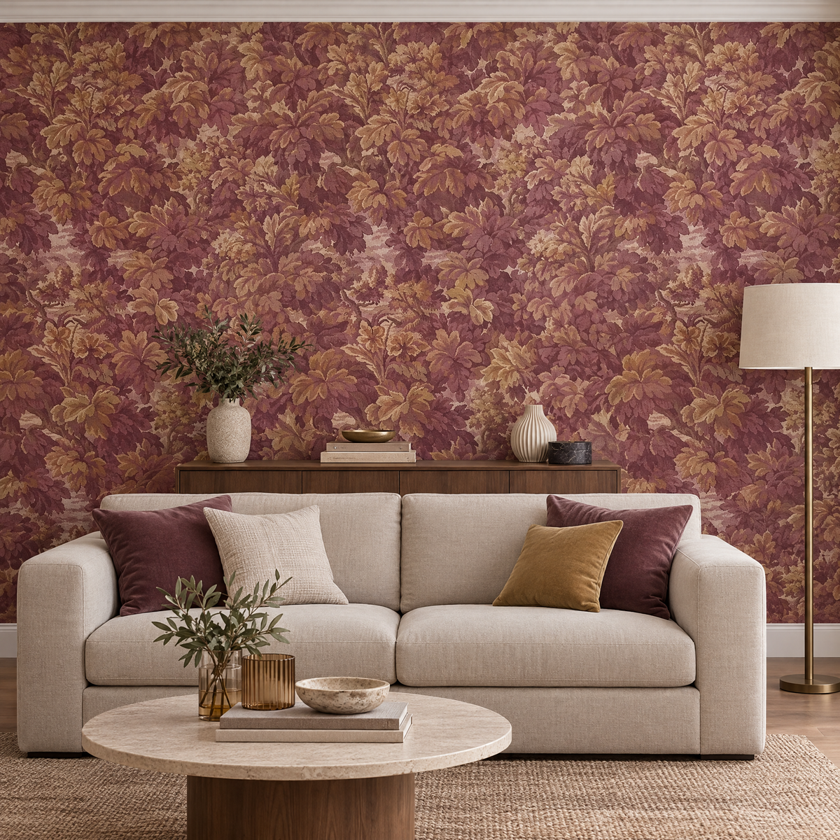 Papier peint feuillage de chêne bordeaux et ocre dans un salon moderne