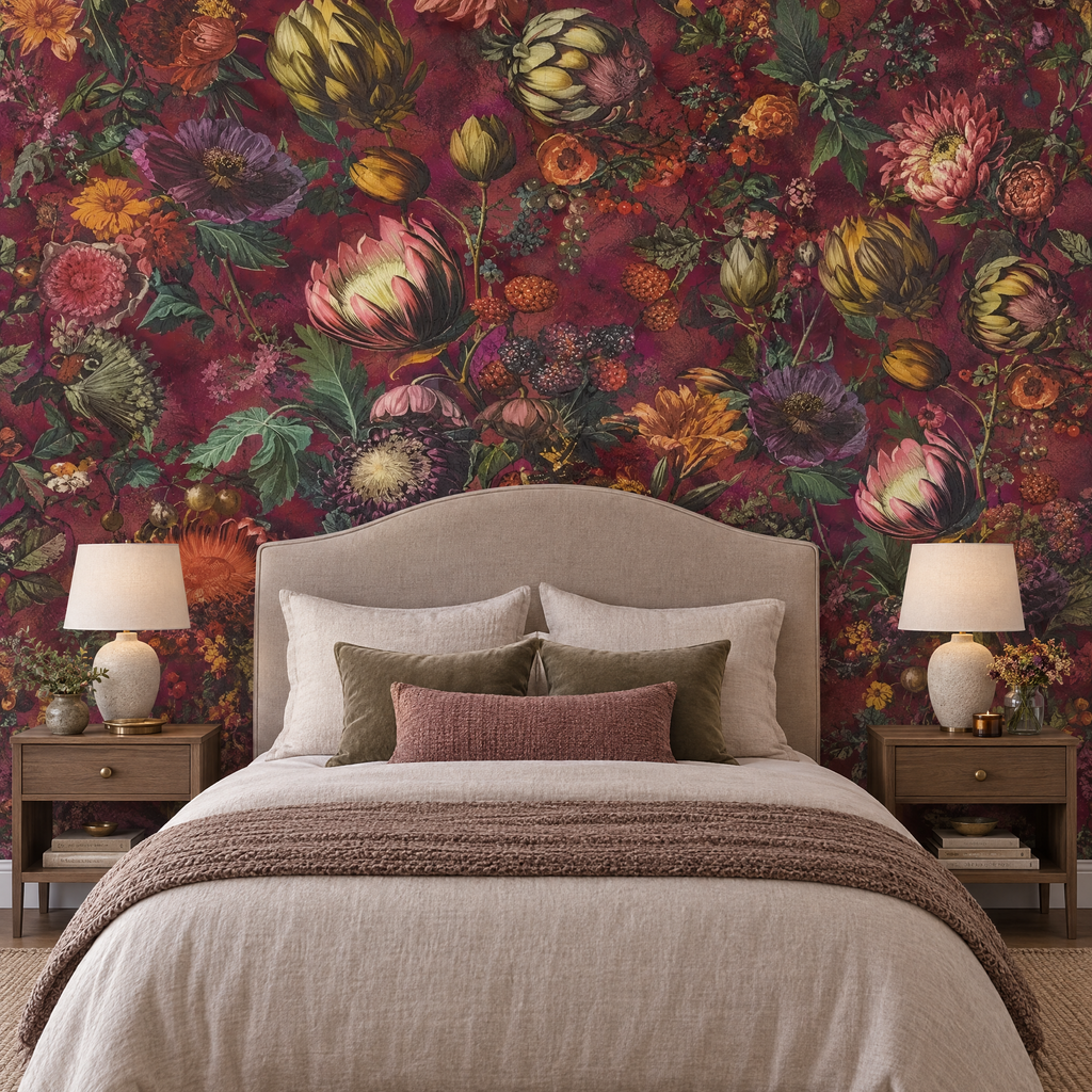 Papier peint fleurs flamandes bordeaux et rouge derrière une tête de lit en chambre