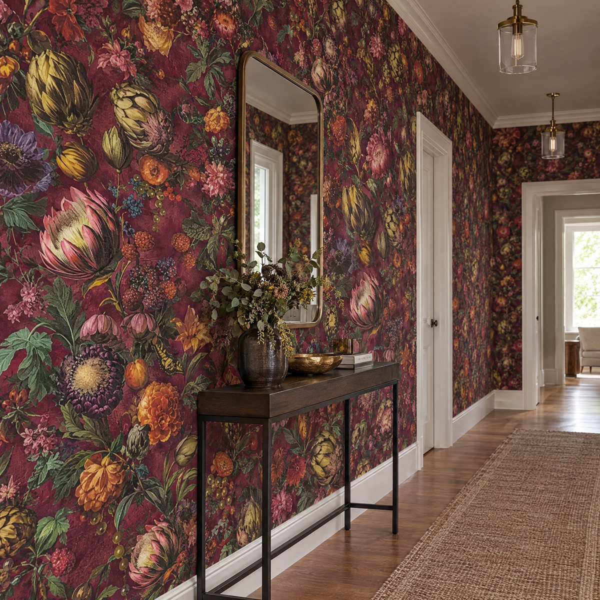 Papier peint fleurs flamandes bordeaux et rouge dans un couloir