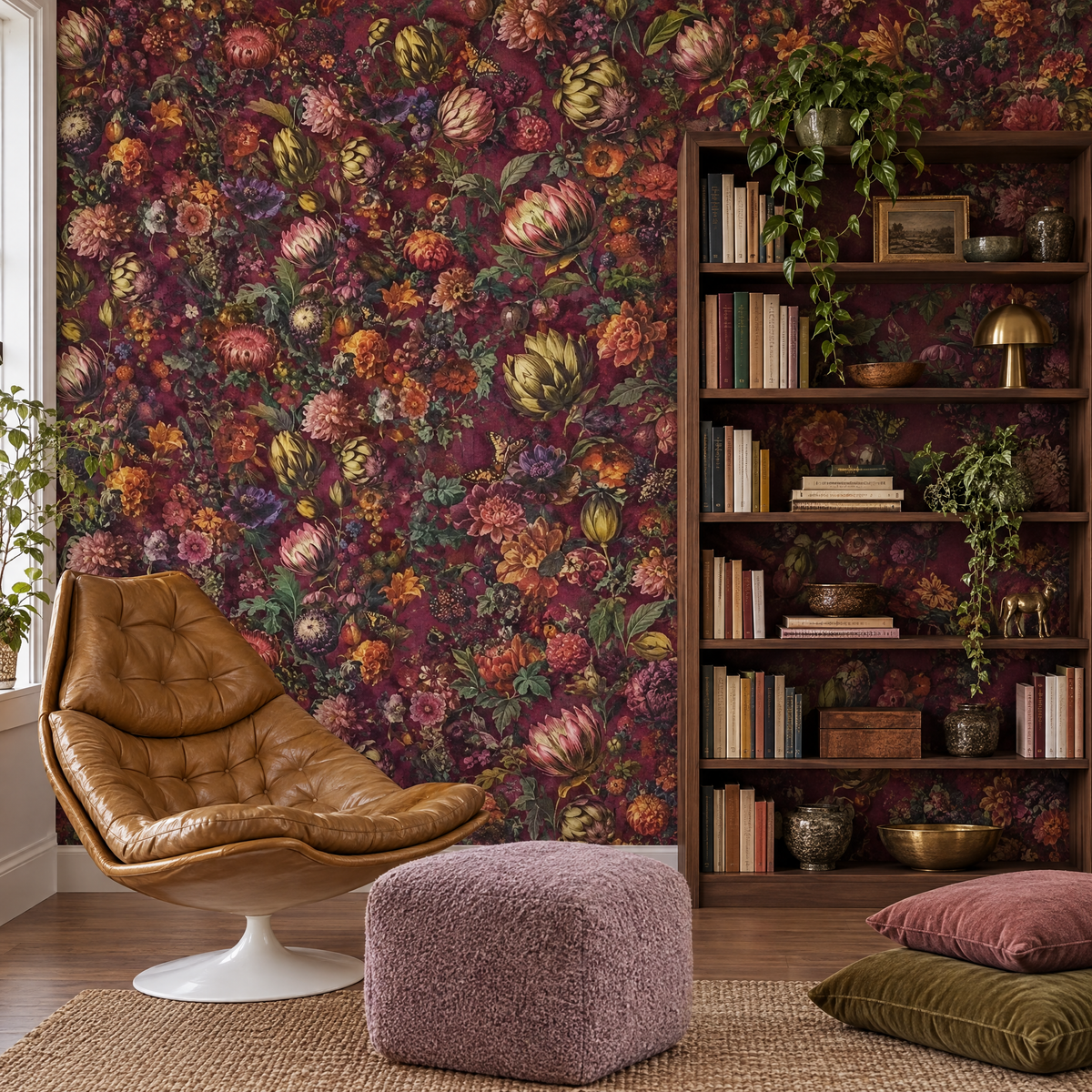Papier peint fleurs flamandes bordeaux et rouge dans une salle de jeux et de lecture