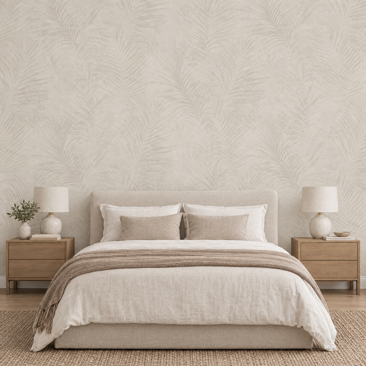 Papier peint palmes beige et taupe derrière une tête de lit en chambre