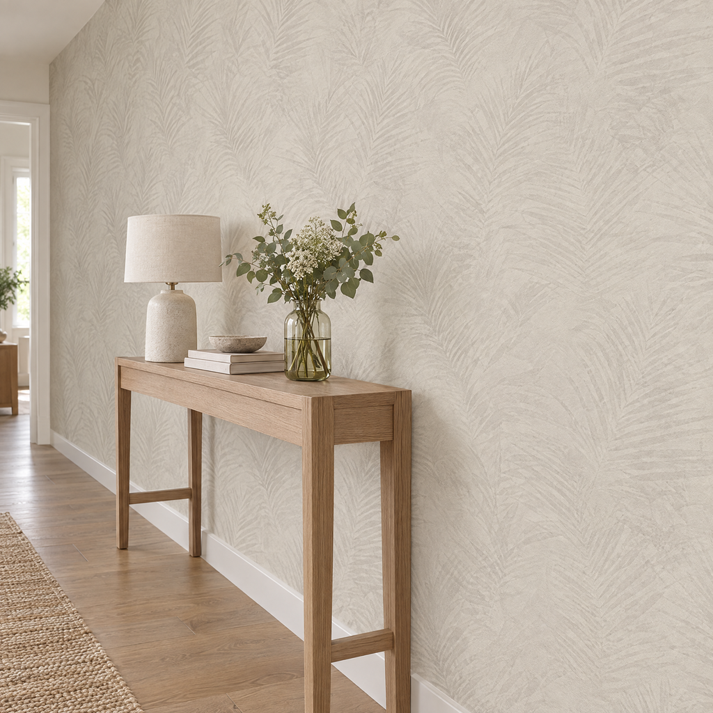 Papier peint végétal beige et taupe dans un couloir, vue de côté
