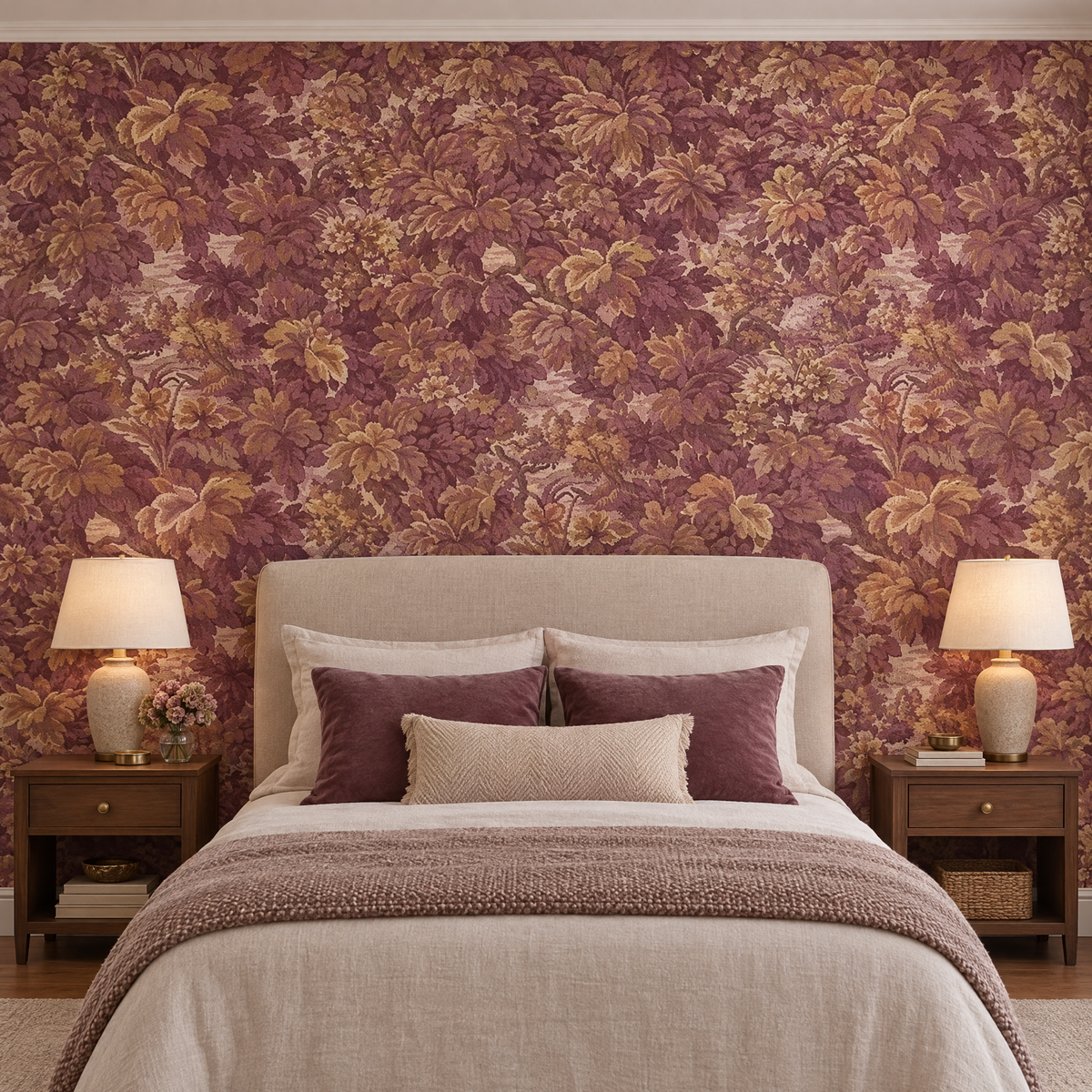 Papier peint feuillage de chêne bordeaux et ocre derrière une tête de lit en chambre