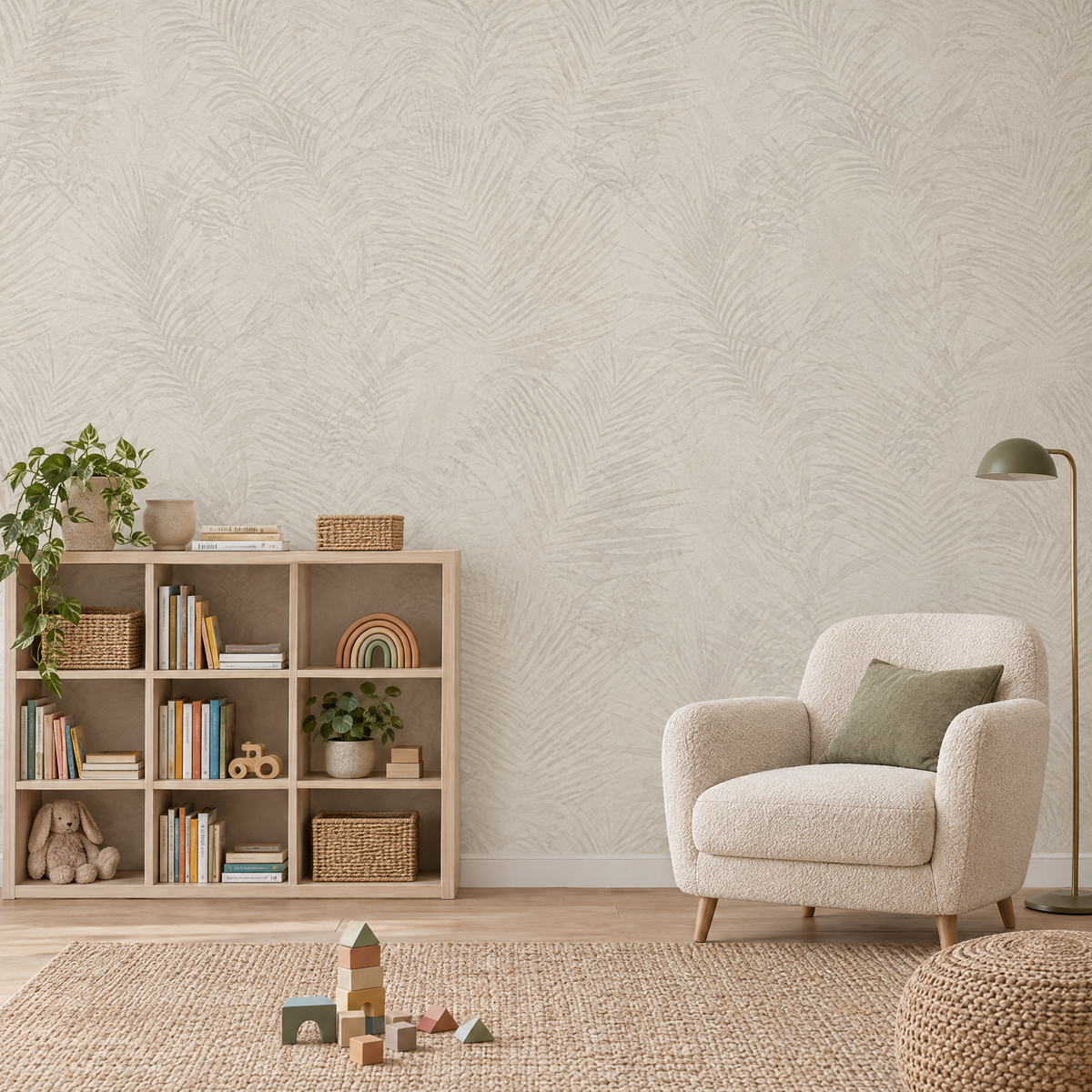 Papier peint végétal beige et taupe dans une salle de jeux et de lecture
