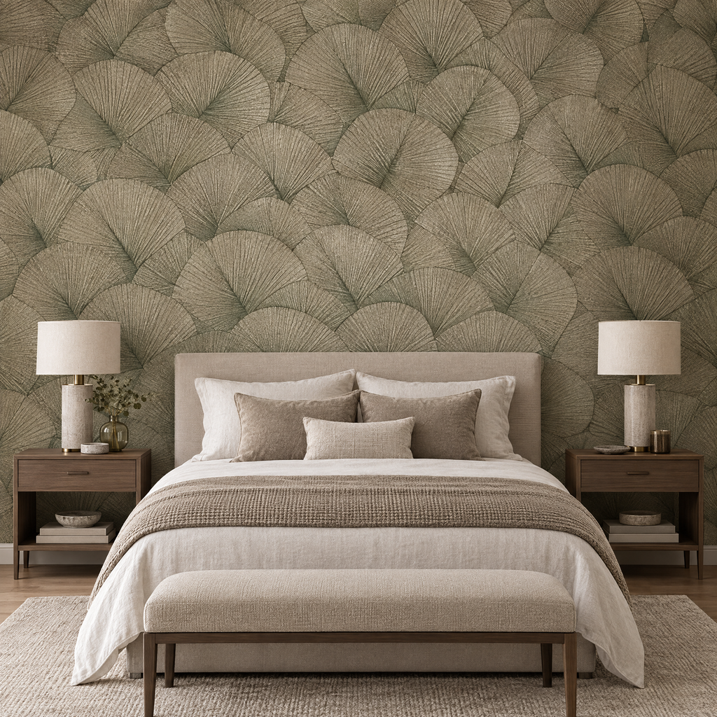 Papier peint feuilles japandi vert et or dans une chambre