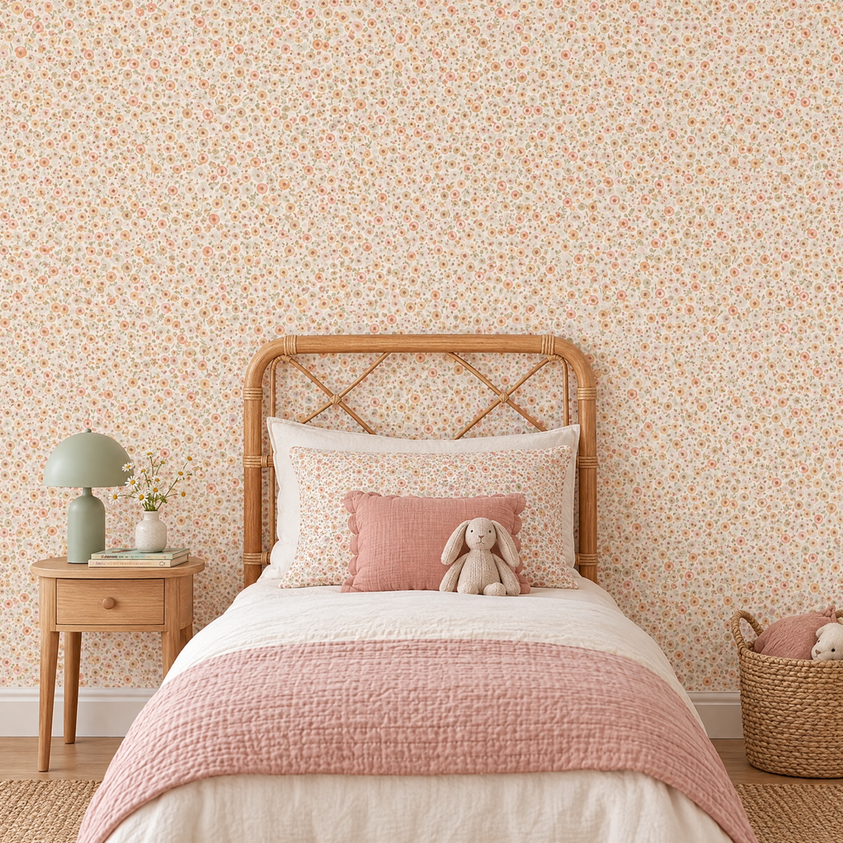 Papier peint petites fleurs enfant rose, beige et vert dans une chambre d'enfant