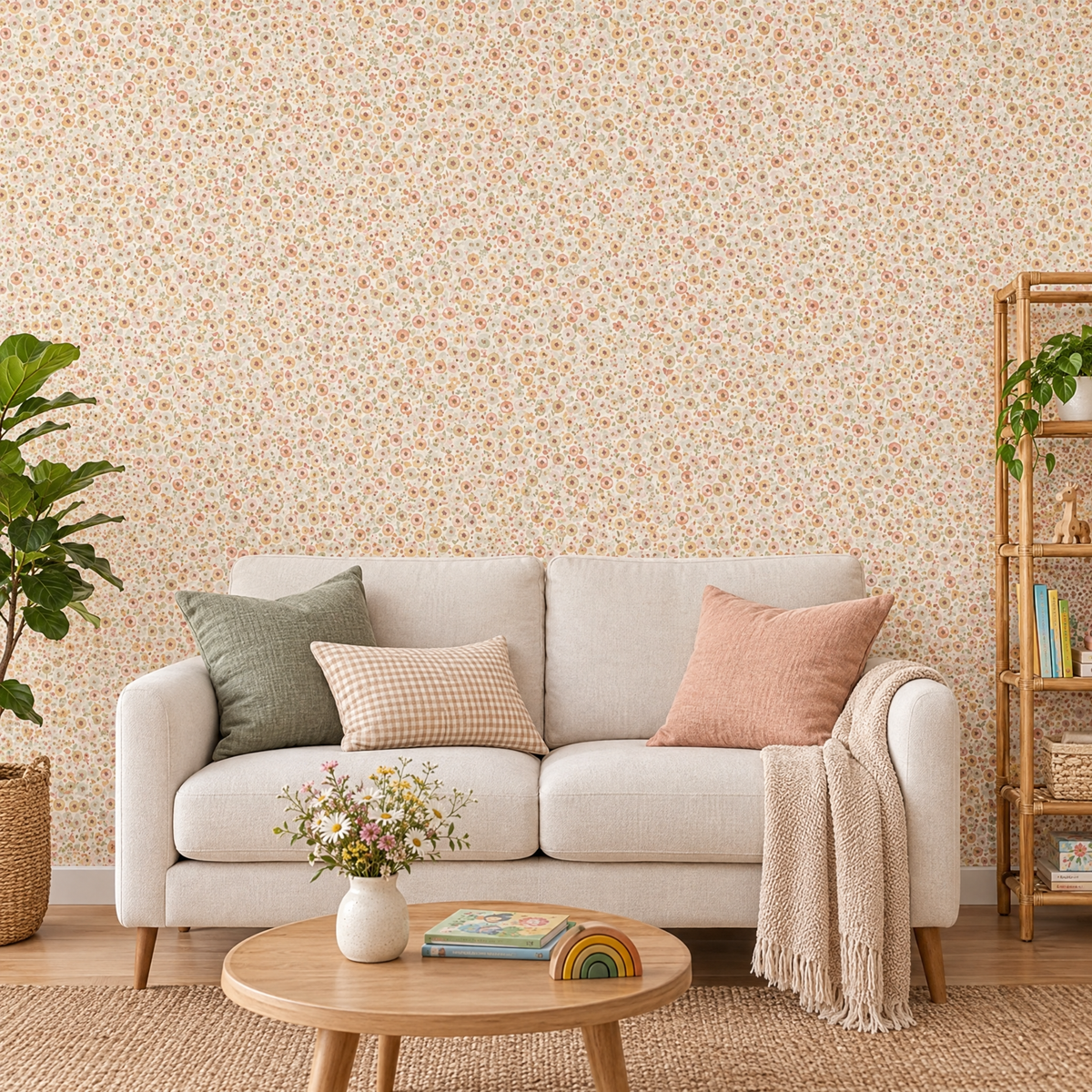 Papier peint petites fleurs enfant rose, beige et vert dans un salon