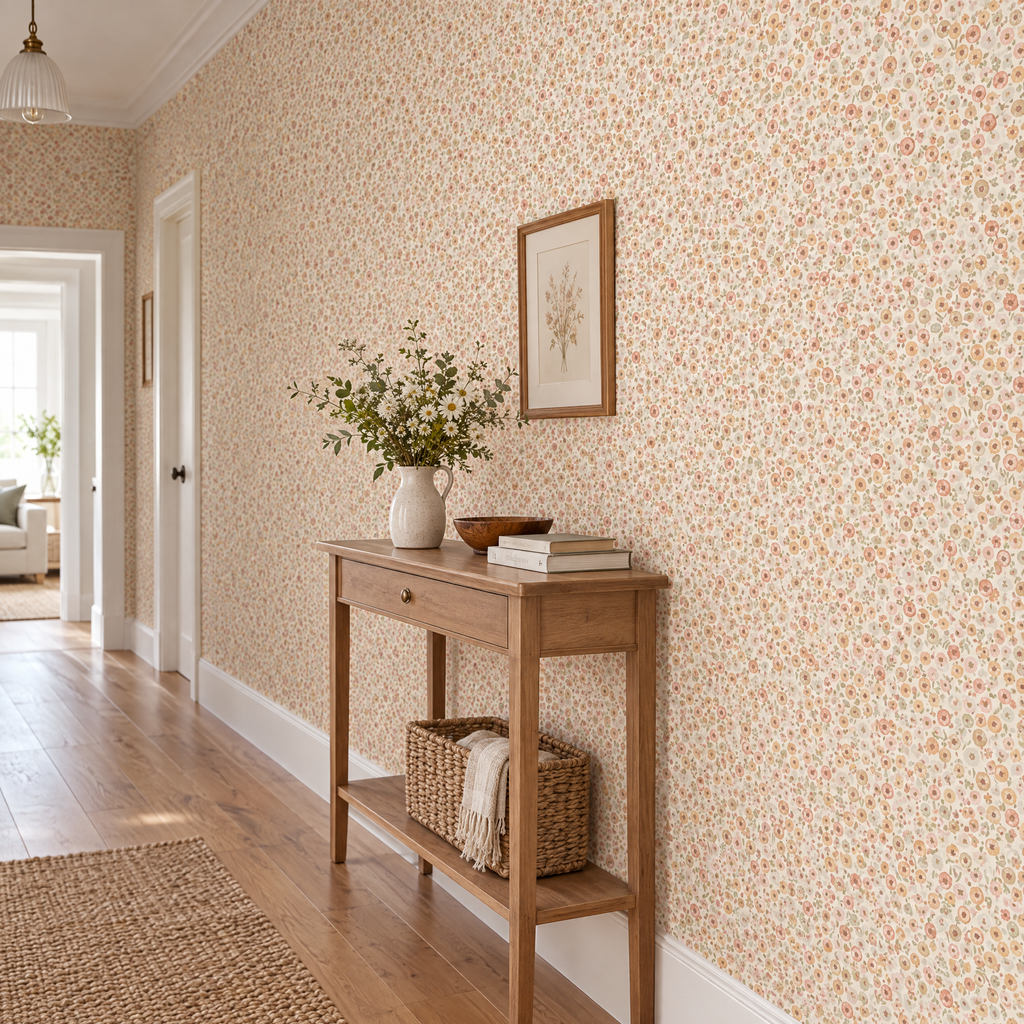 Papier peint petites fleurs enfant rose, beige et vert dans un couloir