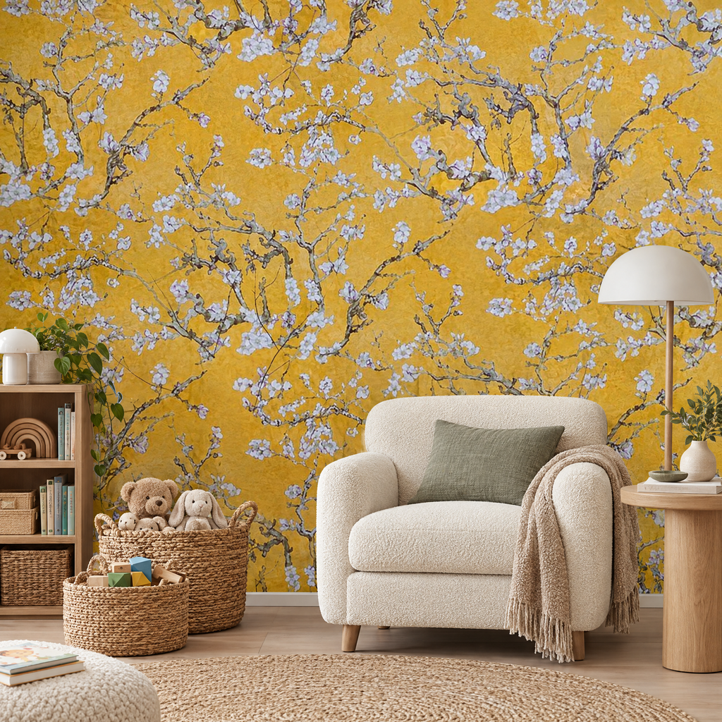 Papier peint Van Gogh Amandier en Fleur jaune dans une salle de jeux et de lecture