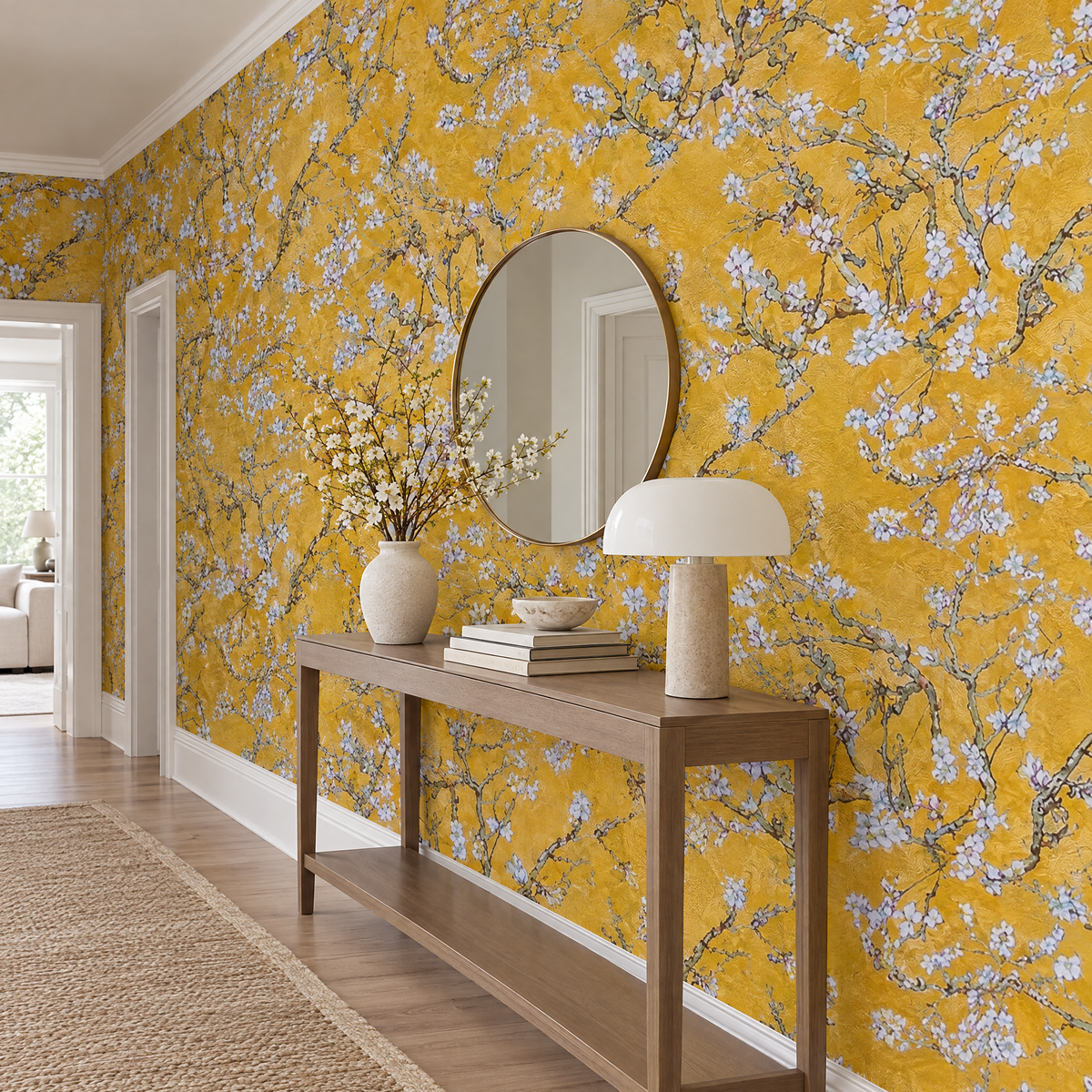 Papier peint Van Gogh Amandier en Fleur jaune dans un couloir, vue de côté