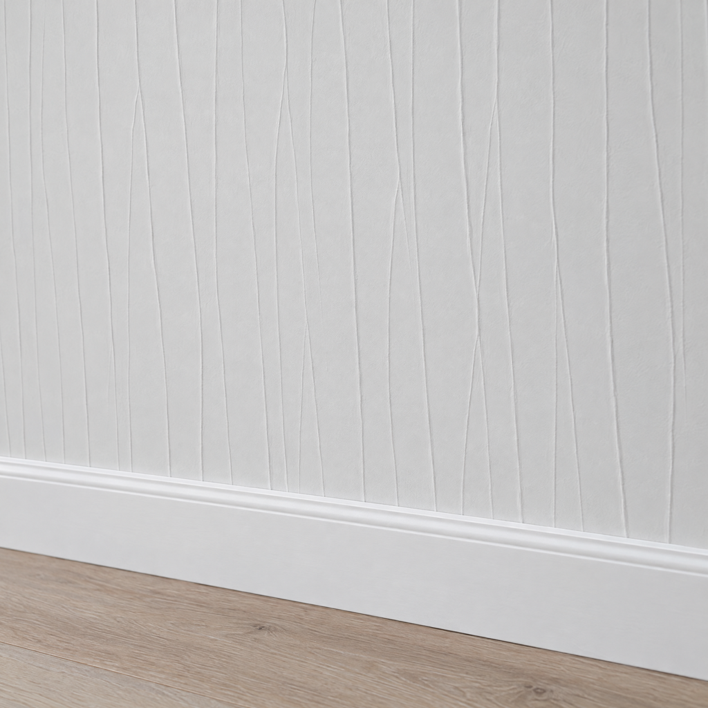 Papier peint blanc effet froissé, gros plan sur la plinthe