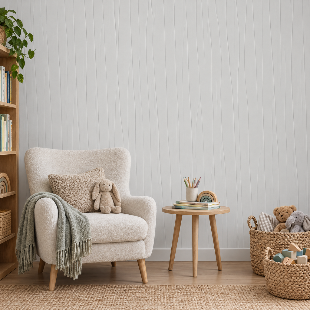 Papier peint blanc effet froissé dans une salle de jeux et de lecture