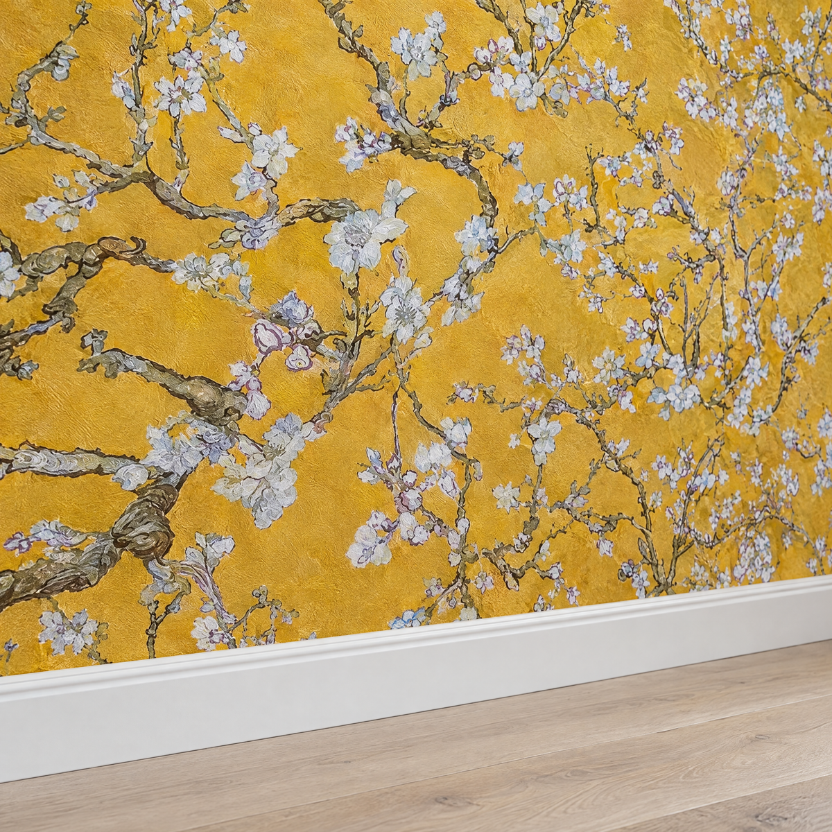 Papier peint Van Gogh Amandier en Fleur jaune, gros plan sur la plinthe