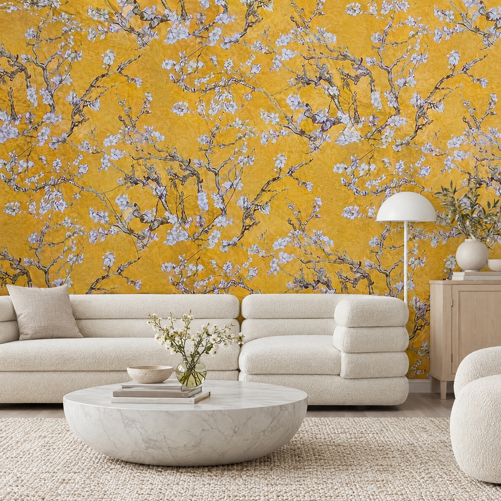 Papier peint Van Gogh Amandier en Fleur jaune dans un salon, vue de face