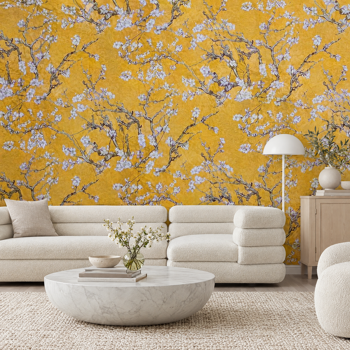Papier peint Van Gogh Amandier en Fleur jaune dans un salon, vue de face