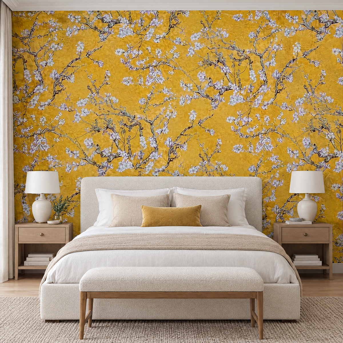 Papier peint Van Gogh Amandier en Fleur jaune dans une chambre, vue de face