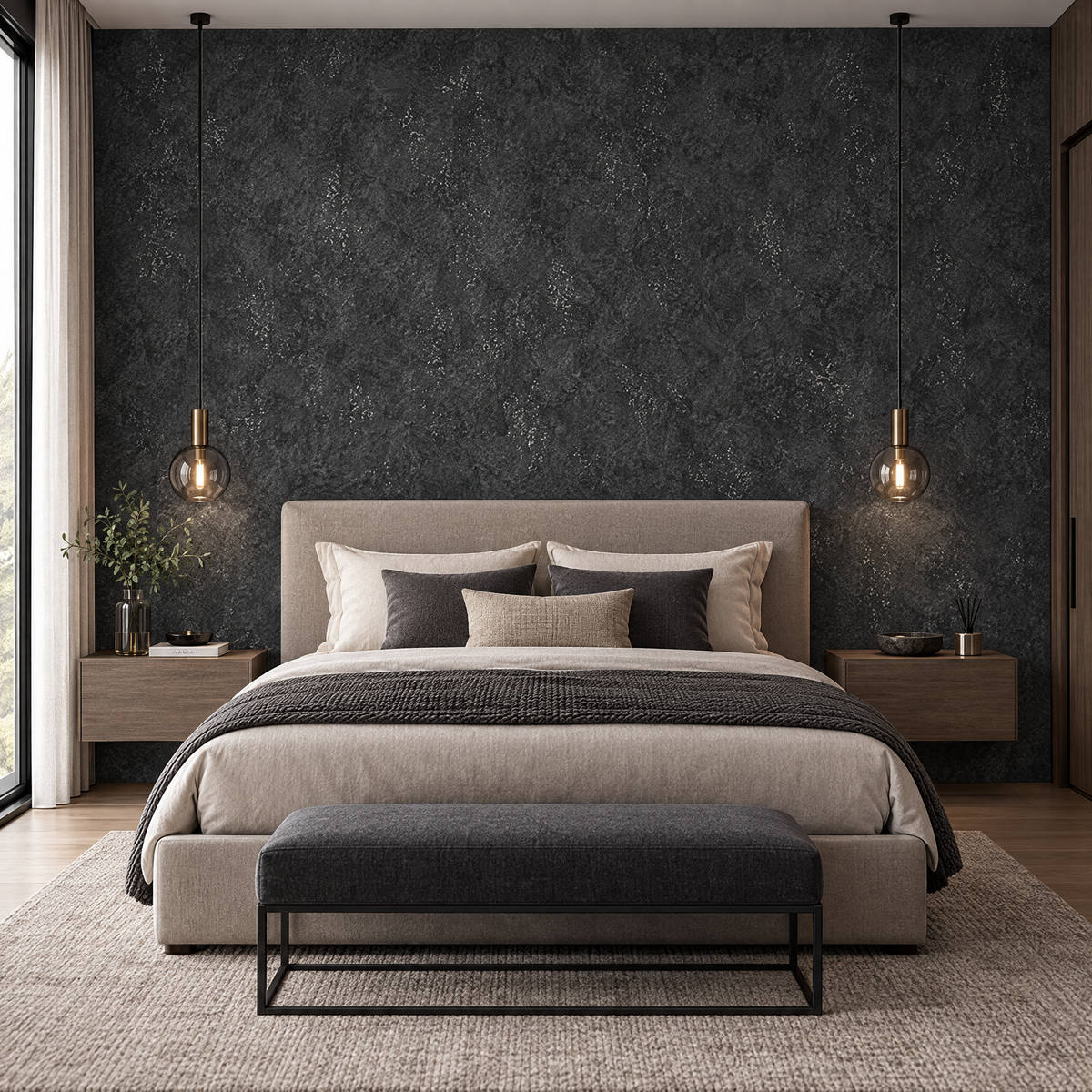 Papier peint effet béton anthracite derrière une tête de lit en chambre