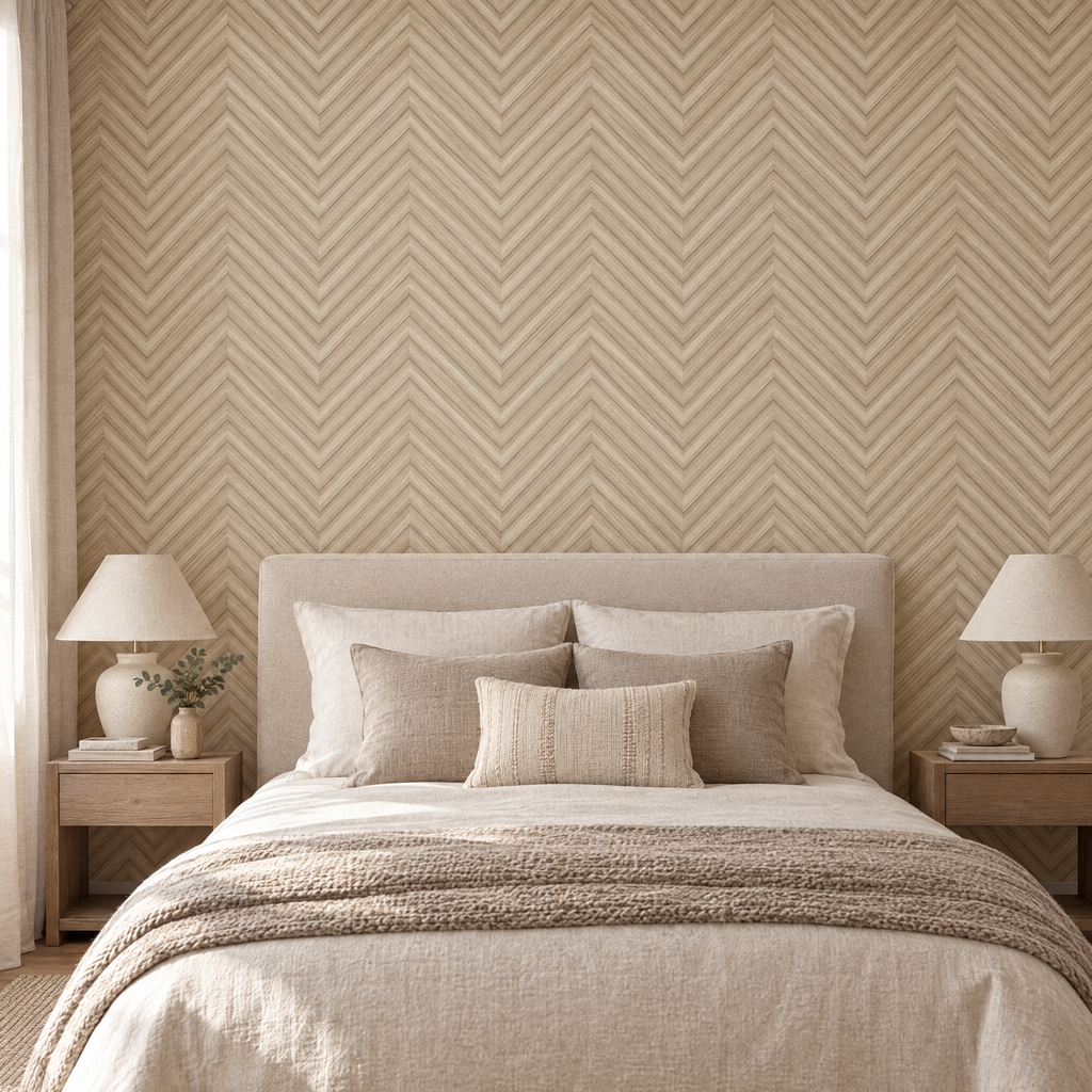 Papier peint chevrons effet parquet beige et crème derrière une tête de lit en chambre