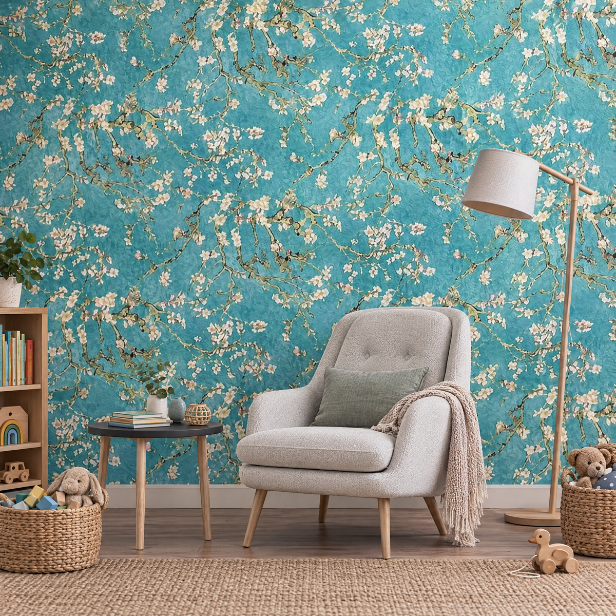 Papier peint Van Gogh Amandier en Fleur turquoise dans une salle de jeux et de lecture
