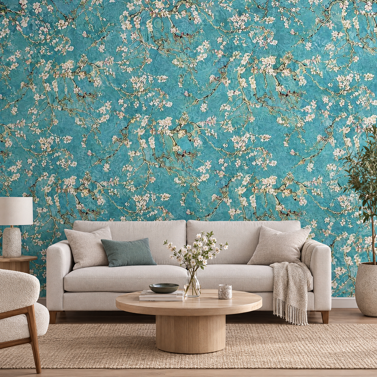 Papier peint Van Gogh Amandier en Fleur turquoise dans un salon, vue de face