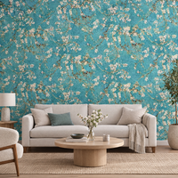 Papier peint Van Gogh Amandier en Fleur turquoise dans un salon, vue de face