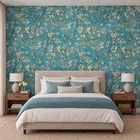 Papier peint Van Gogh Amandier en Fleur turquoise dans une chambre, vue de face