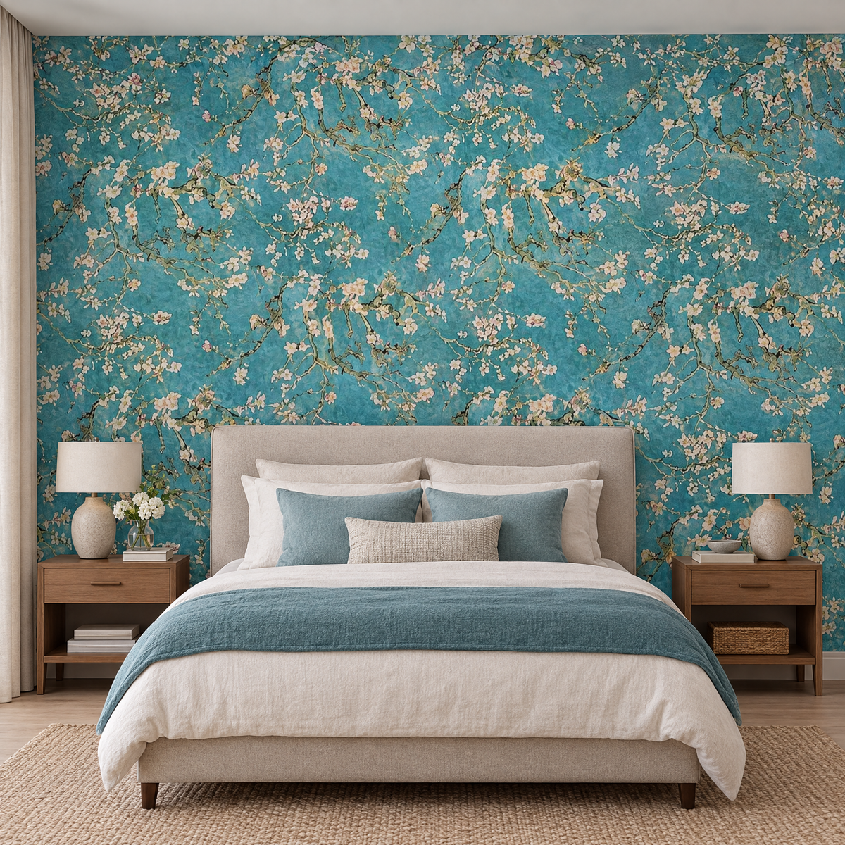 Papier peint Van Gogh Amandier en Fleur turquoise dans une chambre, vue de face