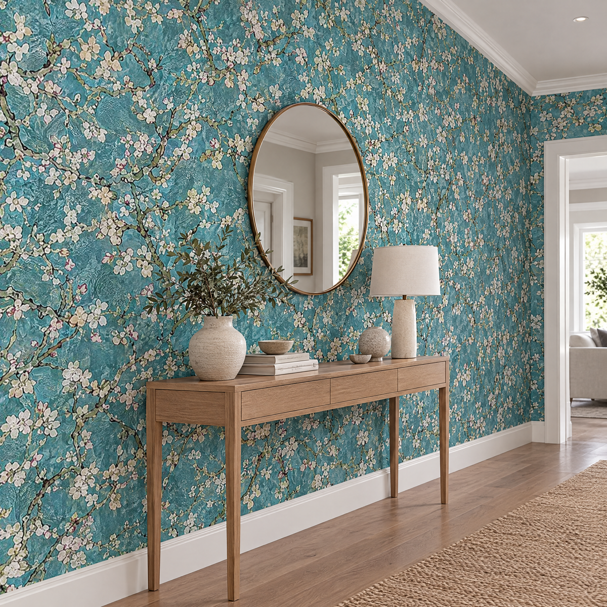 Papier peint Van Gogh Amandier en Fleur turquoise dans un couloir, vue de côté