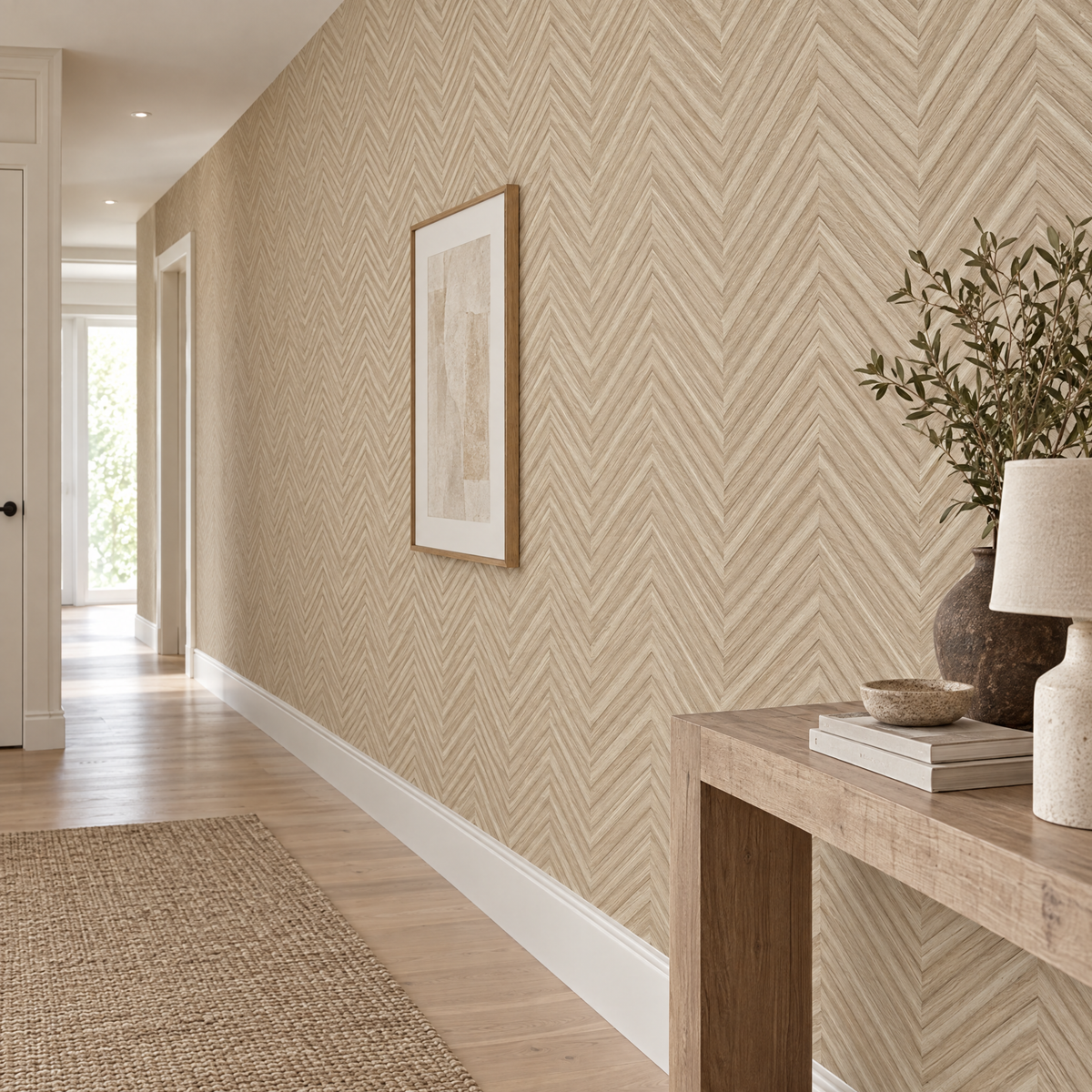 Papier peint chevrons effet parquet beige et crème dans un couloir, vue de côté