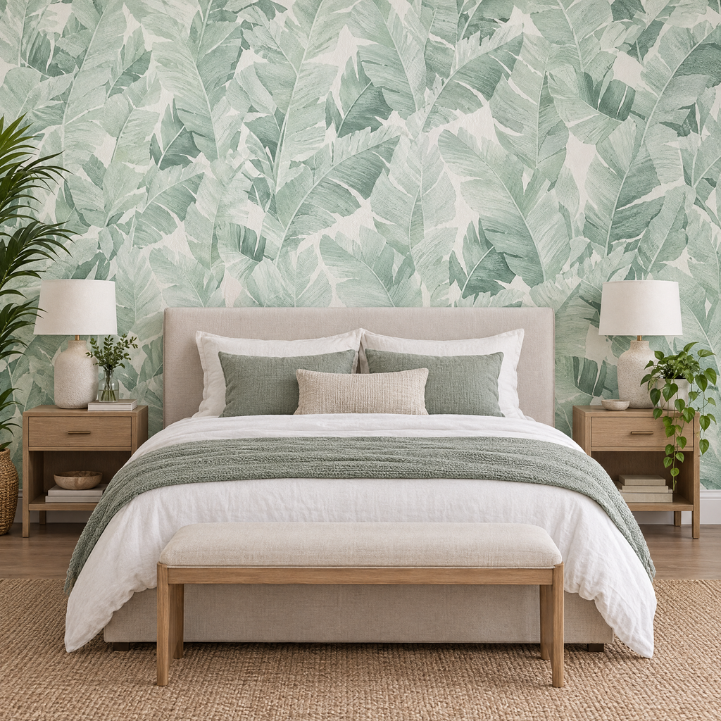 Papier peint feuilles tropicales vert et blanc dans une chambre