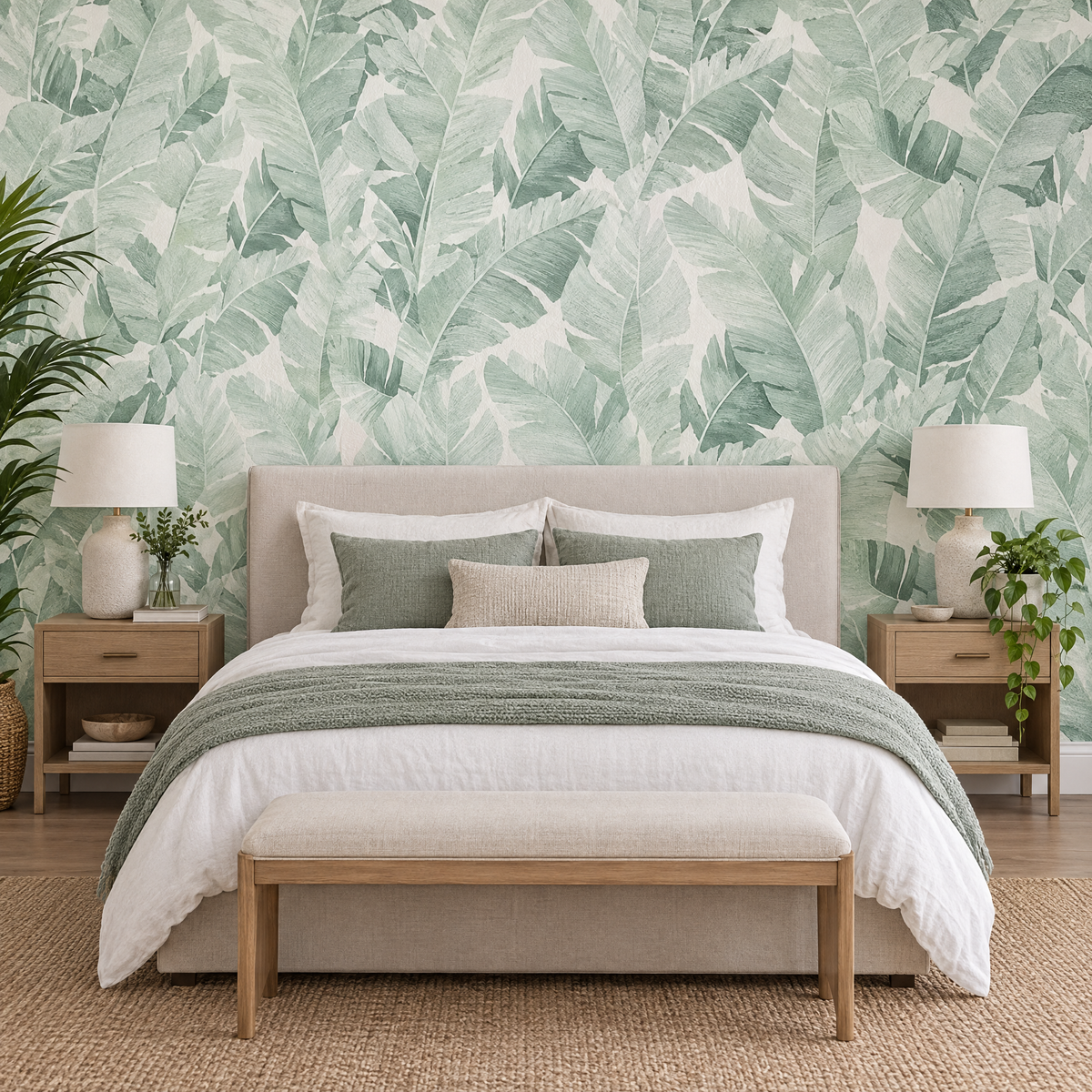 Papier peint feuilles tropicales vert et blanc dans une chambre
