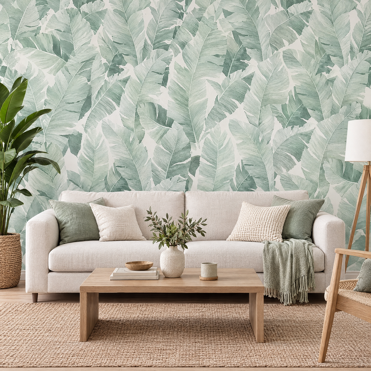 Papier peint feuilles tropicales vert et blanc dans un salon