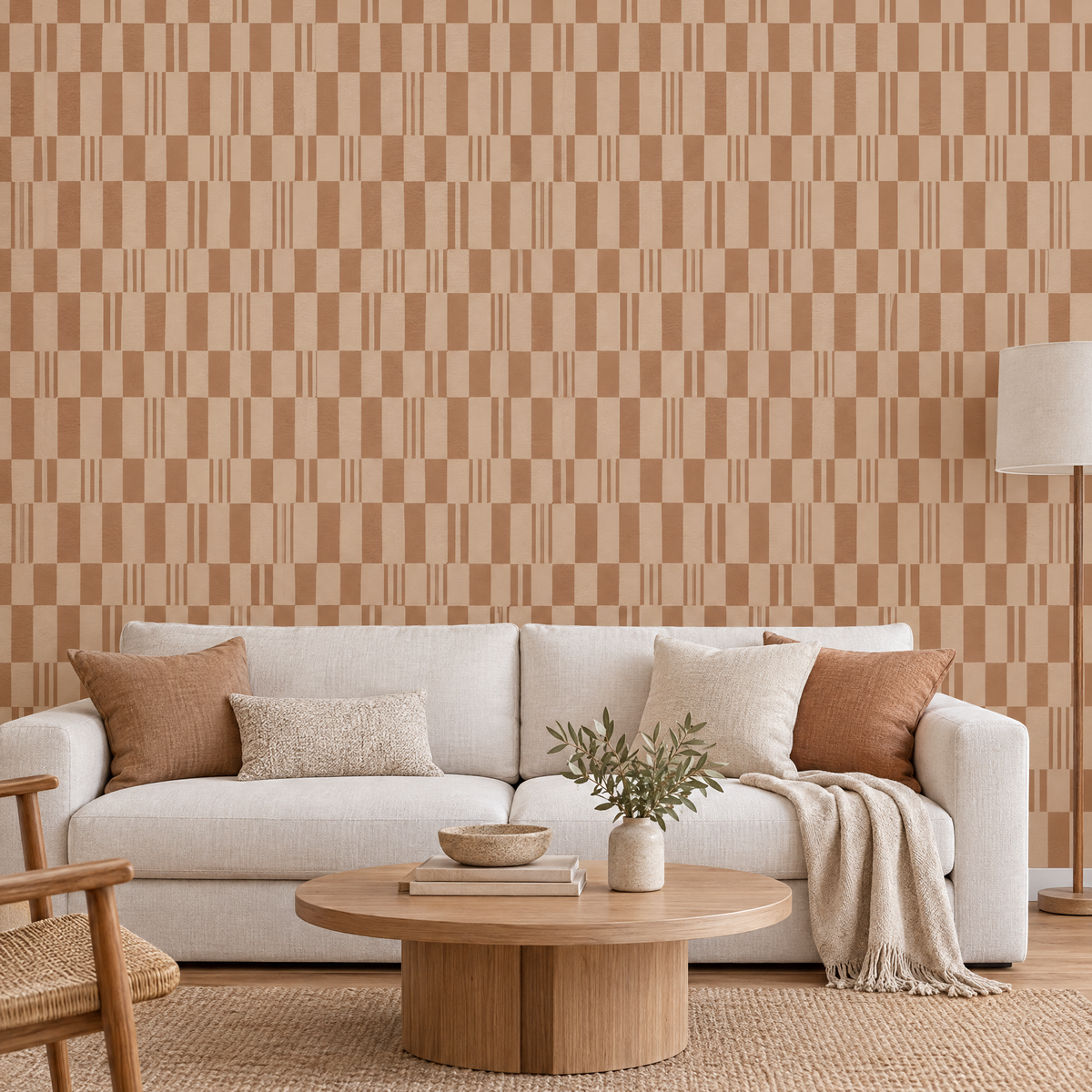 Papier peint motif carrelage marron et beige dans un salon, vue de face