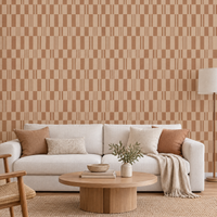 Papier peint motif carrelage marron et beige dans un salon, vue de face