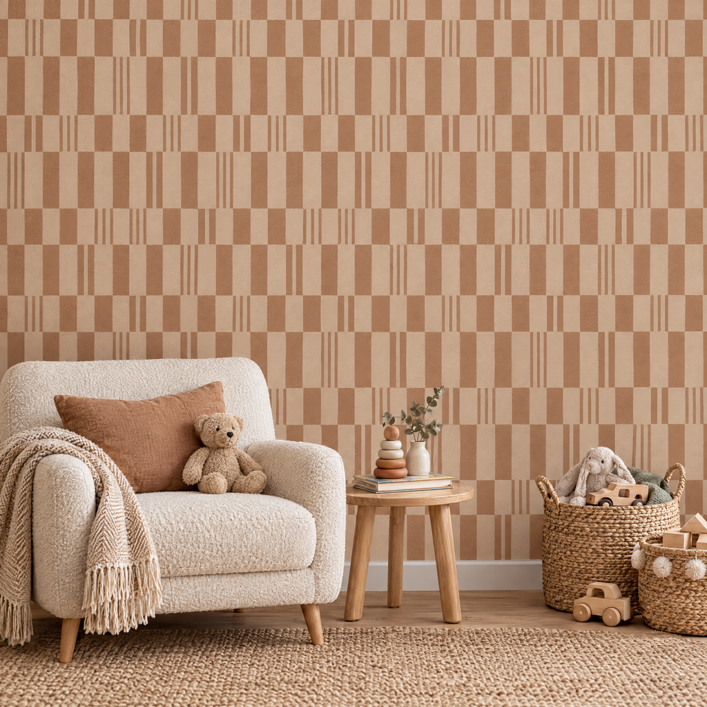 Papier peint motif carrelage marron et beige dans une salle de jeux et de lecture