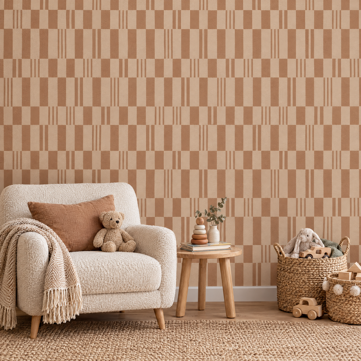 Papier peint motif carrelage marron et beige dans une salle de jeux et de lecture