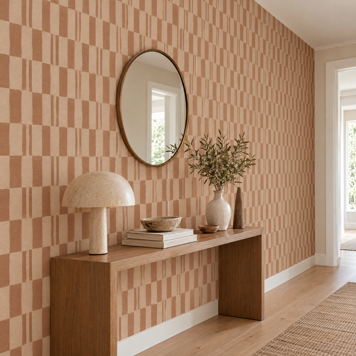 Papier peint motif carrelage marron et beige dans un couloir, vue de côté