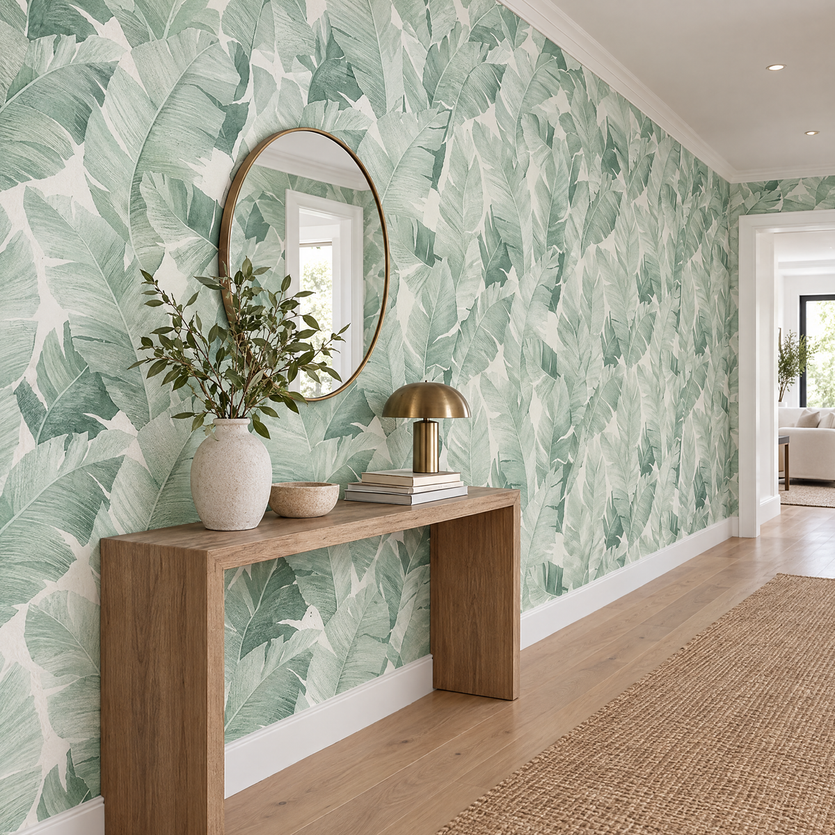 Papier peint feuilles tropicales vert et blanc dans un couloir