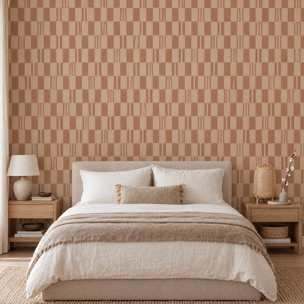 Papier peint motif carrelage marron et beige dans une chambre, vue de face