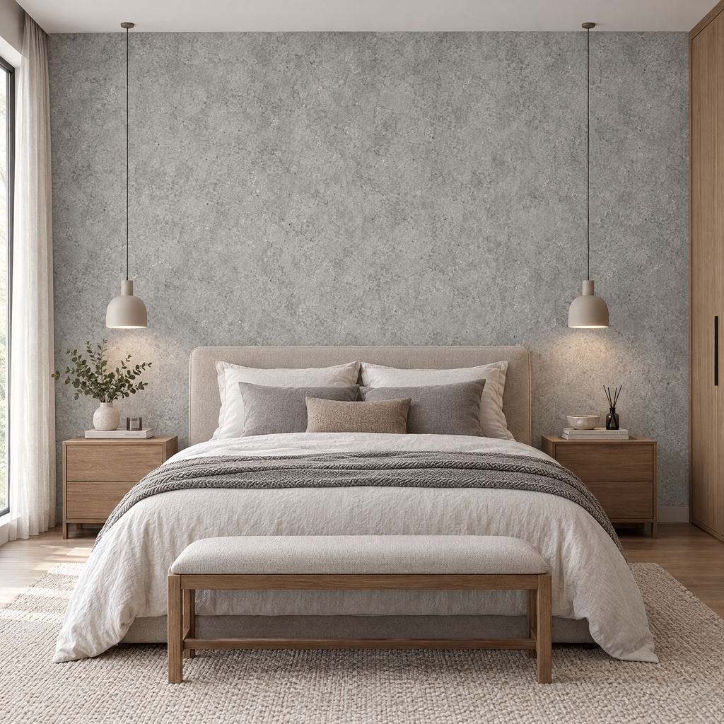 Papier peint effet béton gris clair derrière une tête de lit en chambre