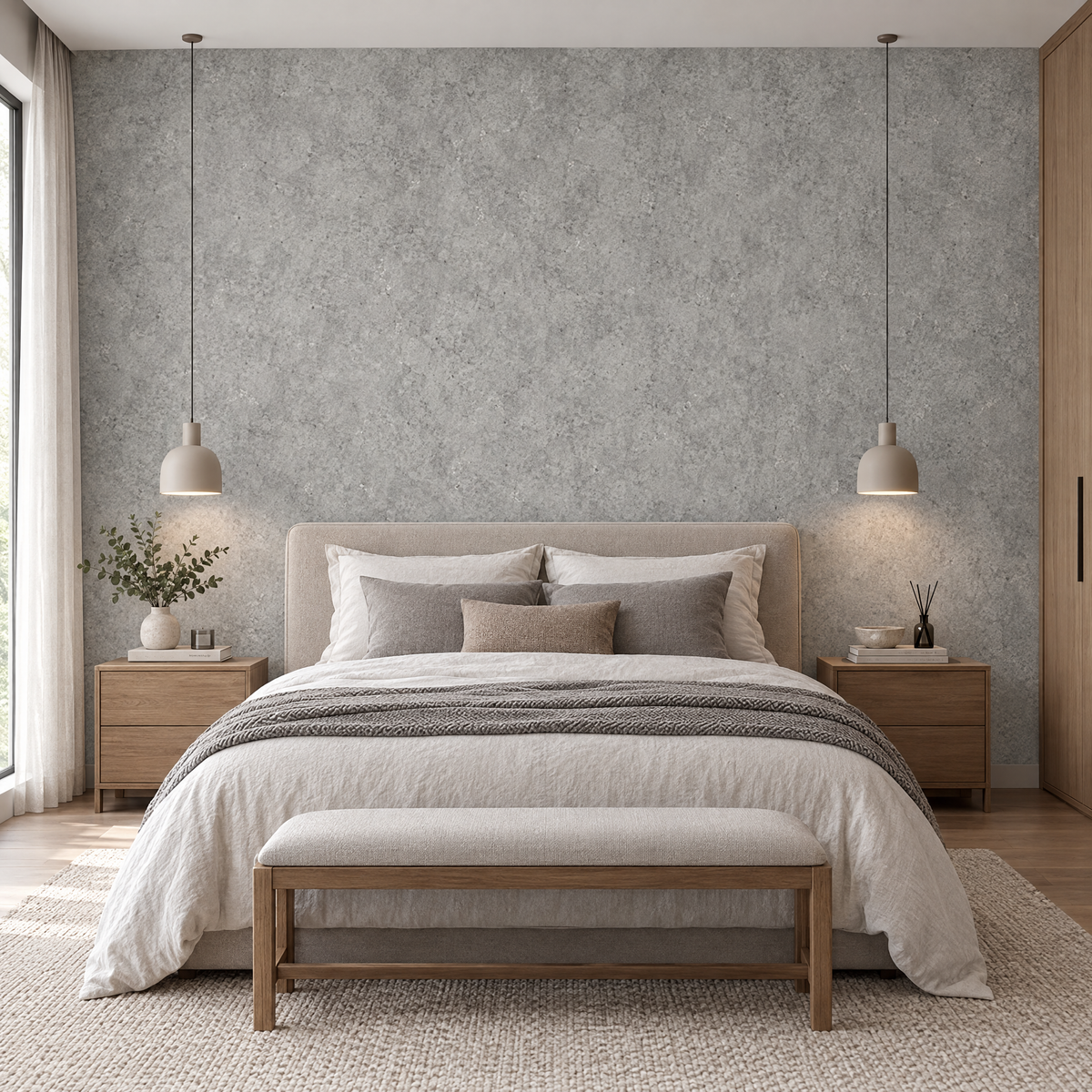Papier peint effet béton gris clair derrière une tête de lit en chambre