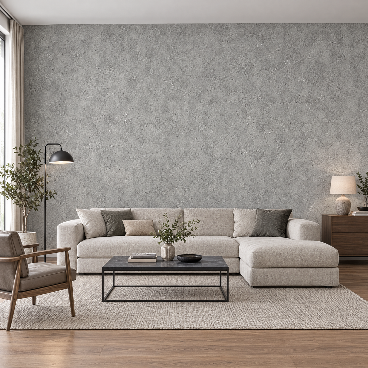 Papier peint uni effet béton gris clair dans un salon moderne