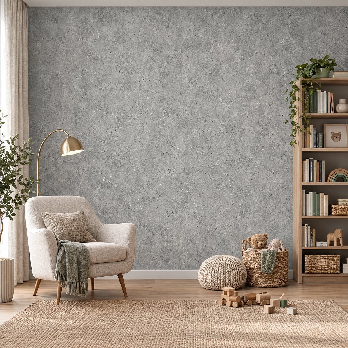 Papier peint effet béton gris clair dans une salle de lecture et de jeux