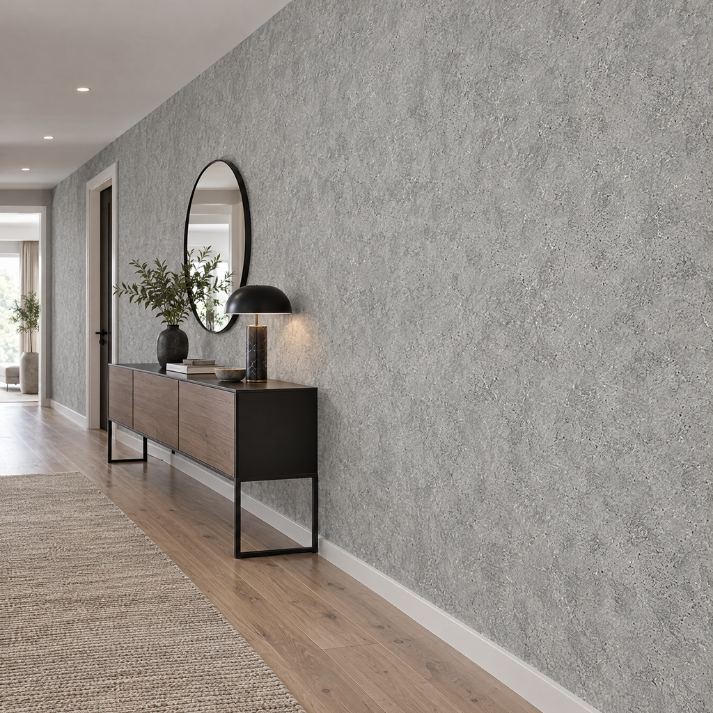 Papier peint effet béton gris clair dans un couloir, vue de côté