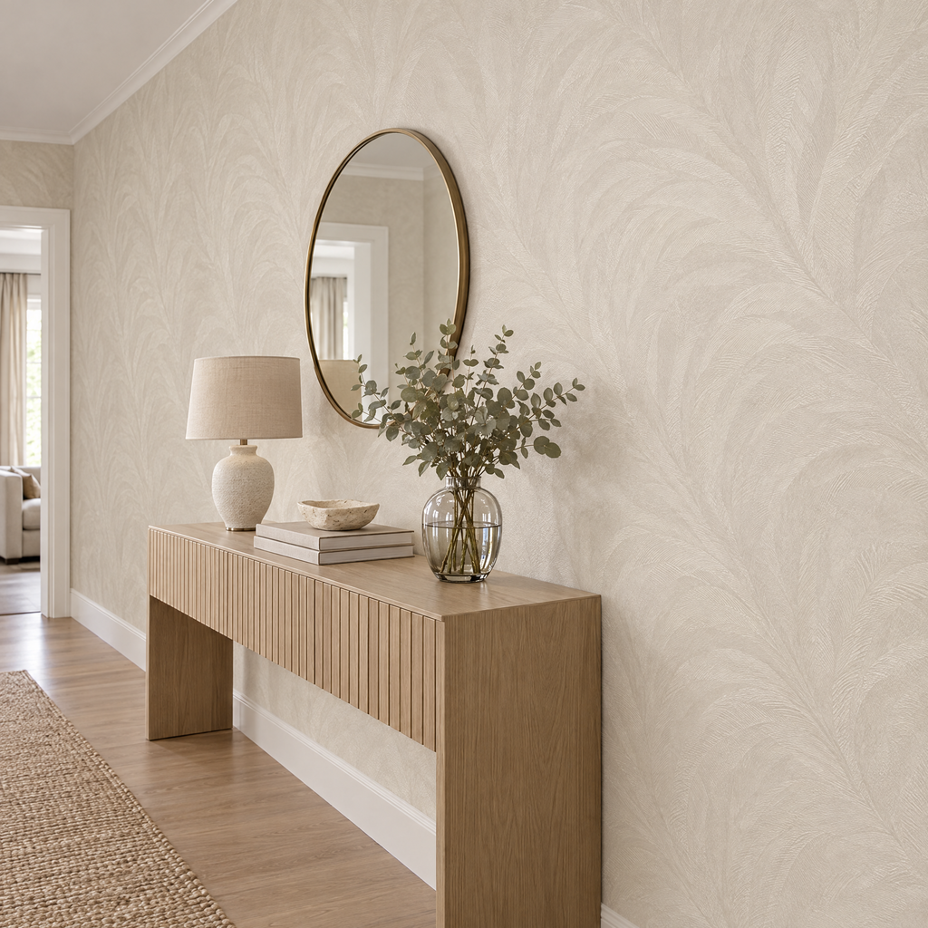 Papier peint feuillage tonal beige crème effet brillant dans un couloir, vue de côté