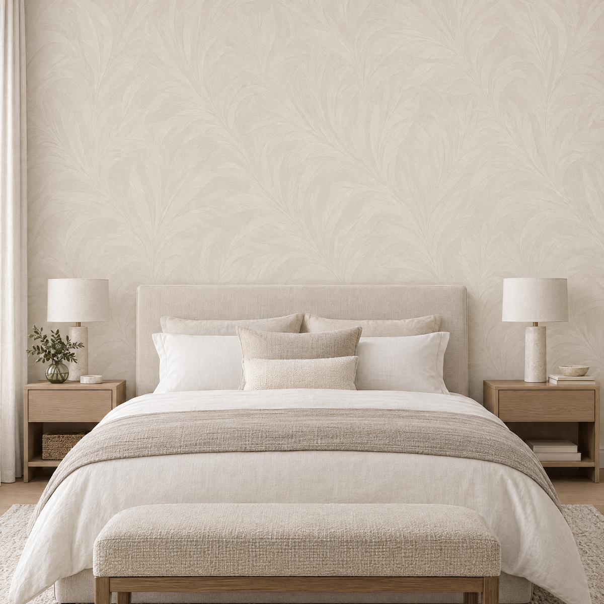Papier peint feuillage tonal beige crème effet brillant dans une chambre, vue de face