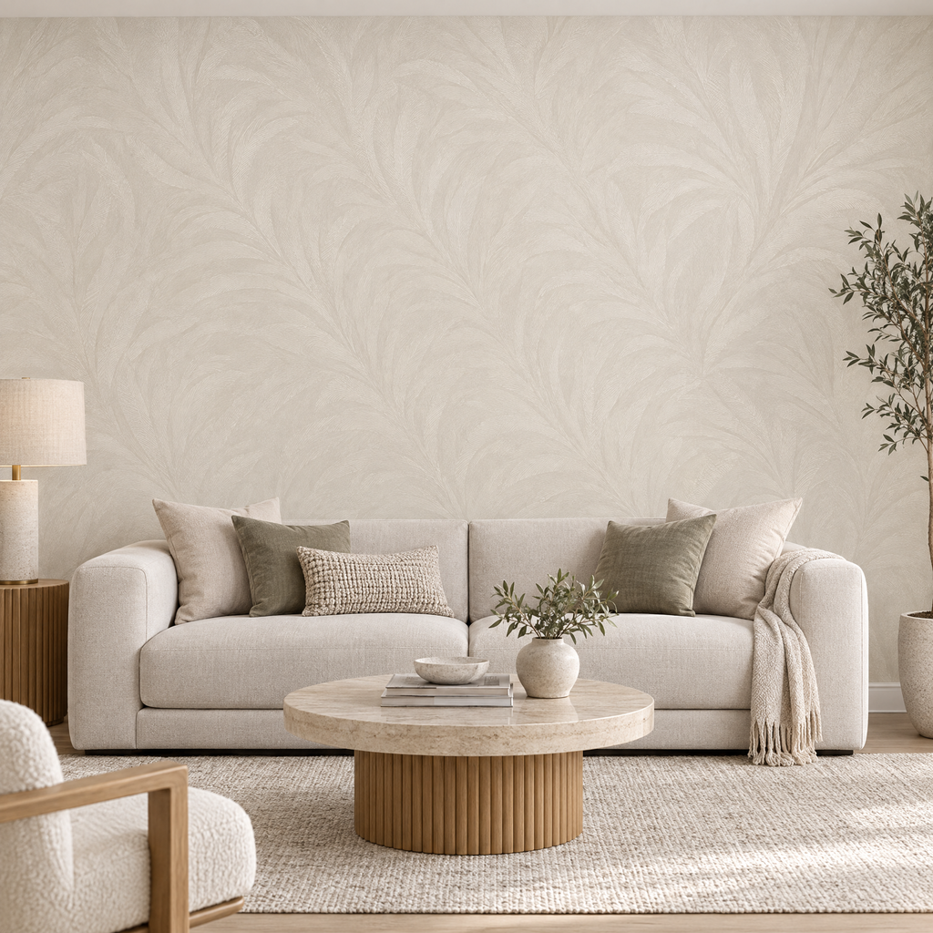 Papier peint feuillage tonal beige crème effet brillant dans un salon, vue de face