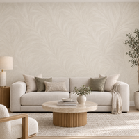 Papier peint feuillage tonal beige crème effet brillant dans un salon, vue de face