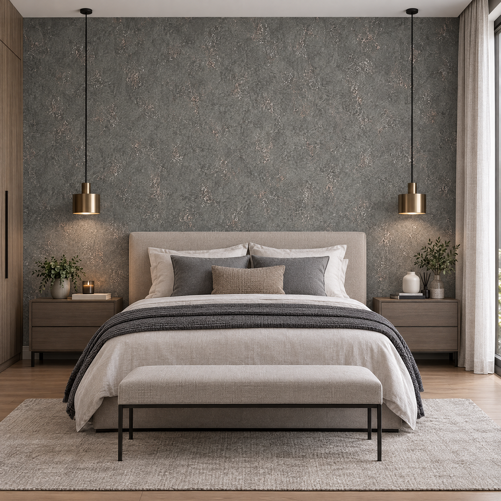 Papier peint effet béton gris moyen derrière une tête de lit en chambre